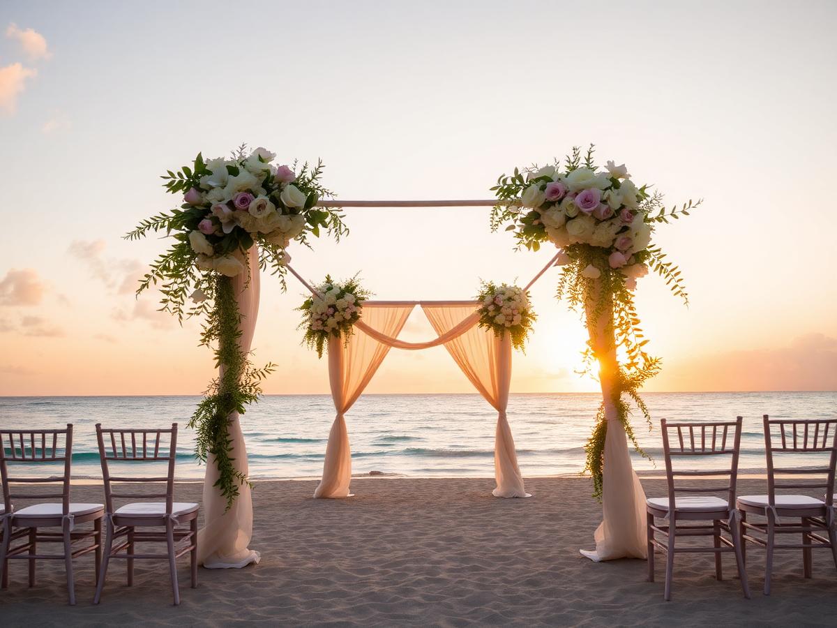 Beach wedding arch at sunset
