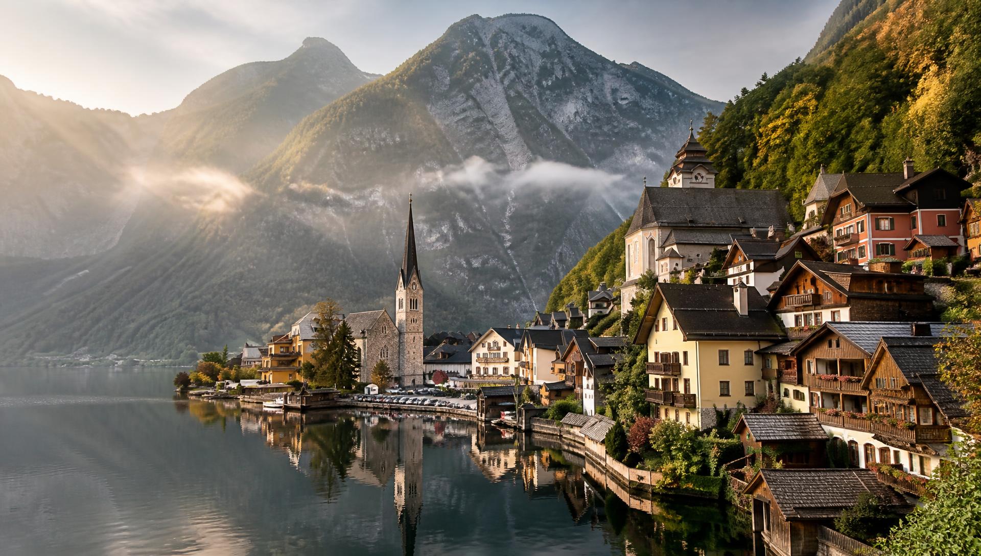 Lakeside European village at golden hour