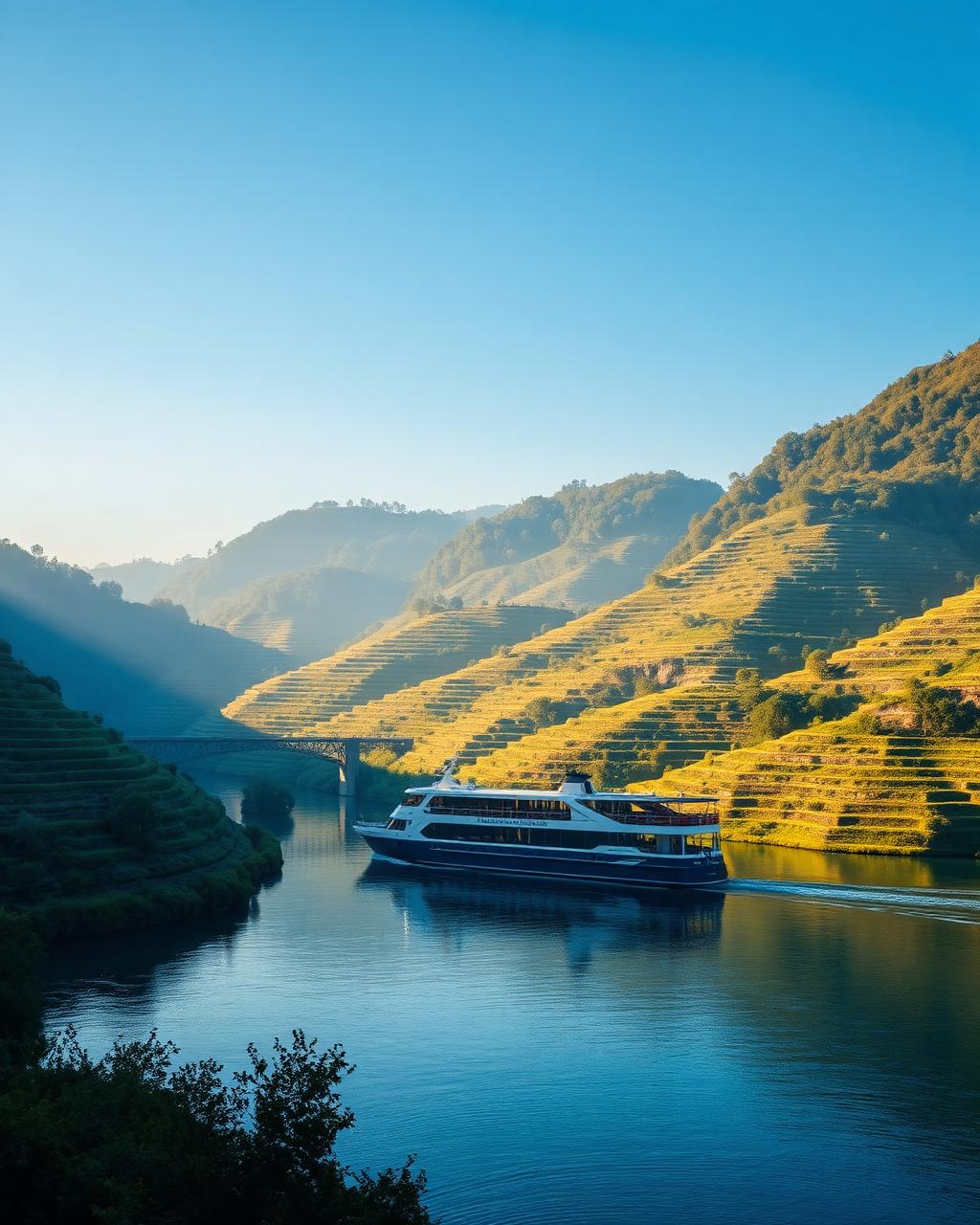 River cruise ship in a green valley